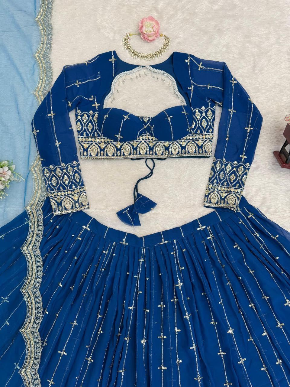 Women's Royal Blue Lehenga Choli with Dupatta,Traditional Indian Wedding Outfit