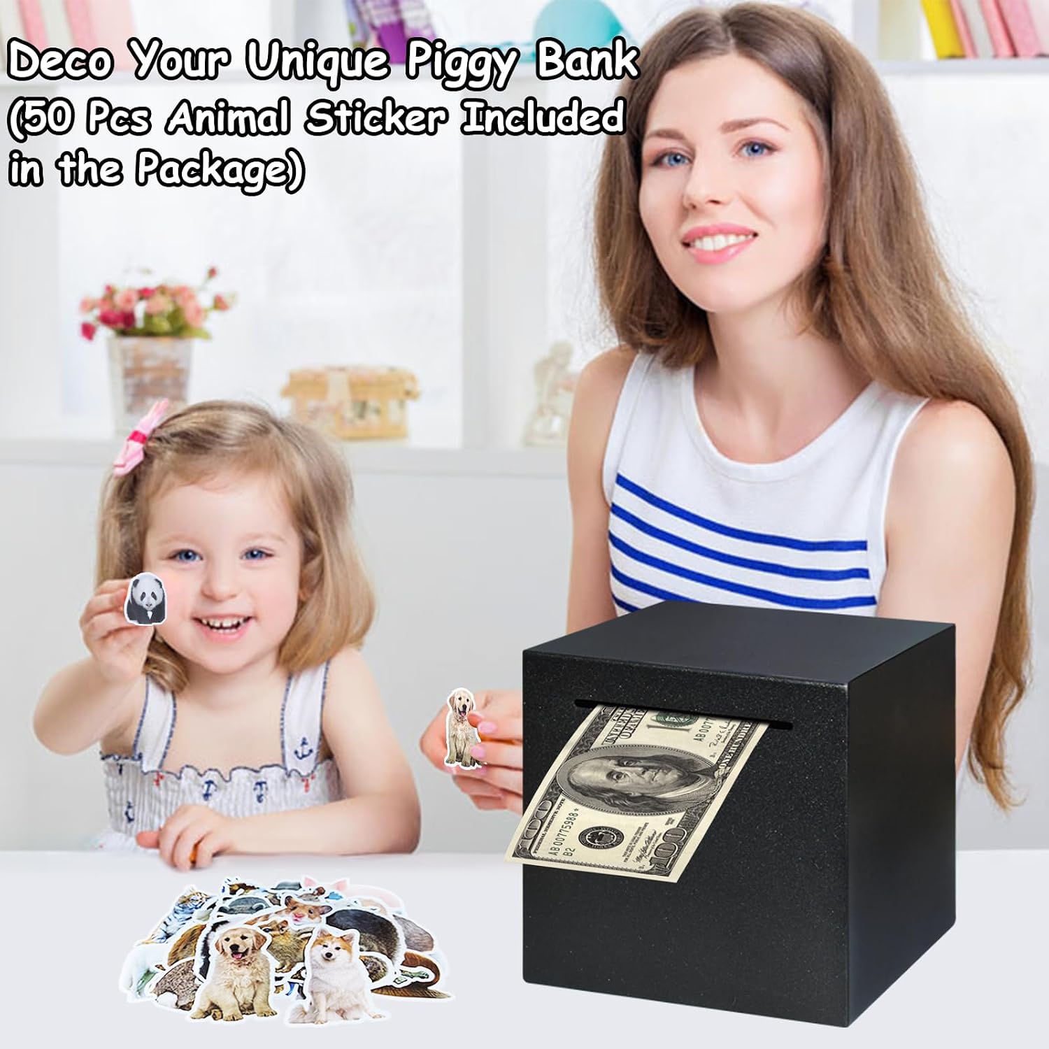 Stainless Steel Piggy Bank for Adults, Indestructible Savings Box for Cash, Must-Break-to-Open Metal Secure Money Banks for Kids, Unbreakable Coin Bank for Money Saving Plan (Black, 7.48inch)
