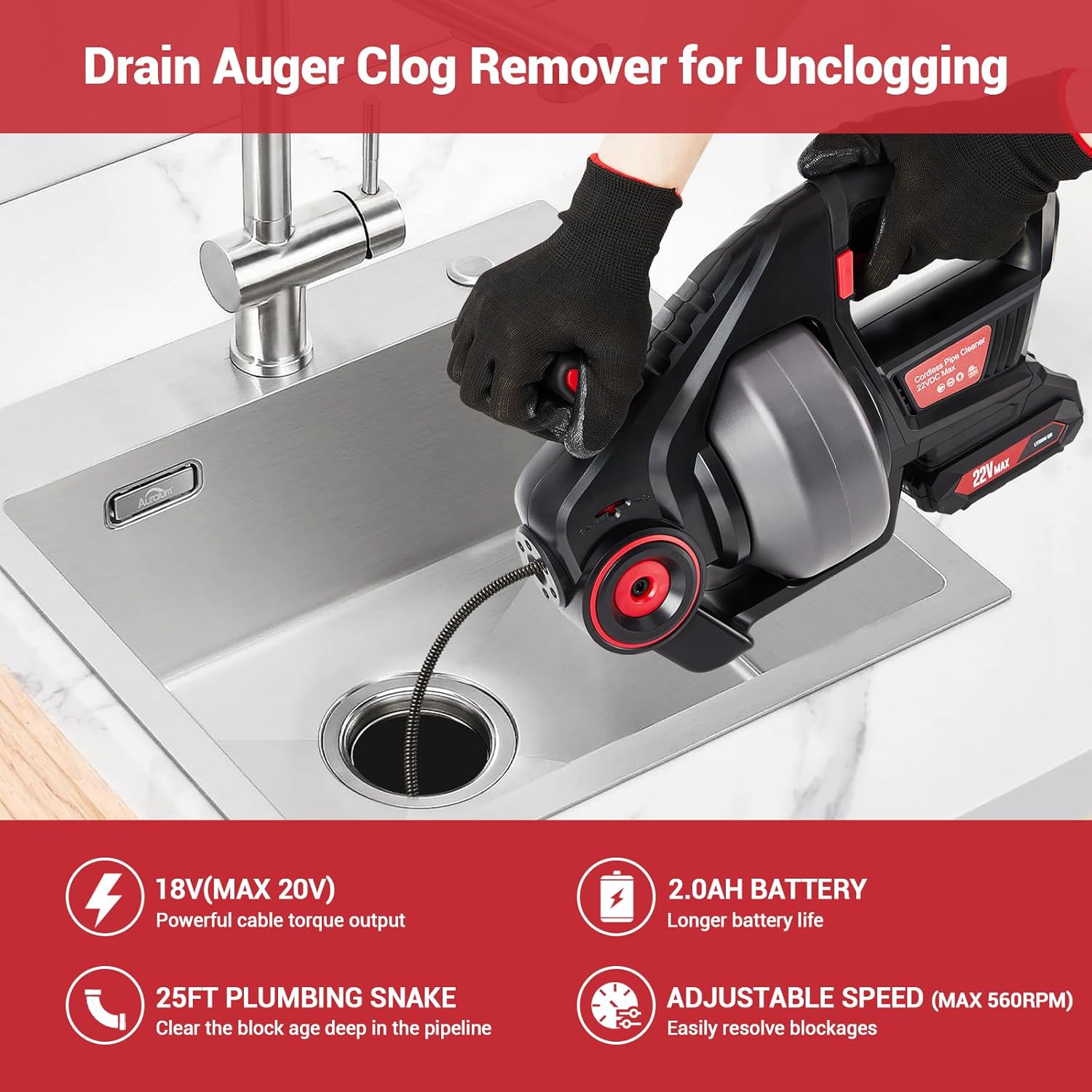 Drain Auger Electric, 25 ft Plumbing Snakes, Snake Drain Clog Remover for Unclogging Toilet, Sewer, Bathroom, Sink Drain Pipes（Batteries Included)