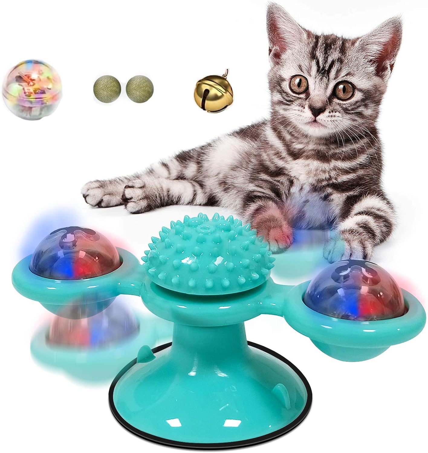 FAIRWIN Christmas Cat Toys, Windmill Cat Toy with Led Ball and Catnip Ball, Cat Turntable Teasing Interactive Toy, Funny Kitten Windmill Ball Cat Toys for Indoor Cats, Massage Scratching Tickle