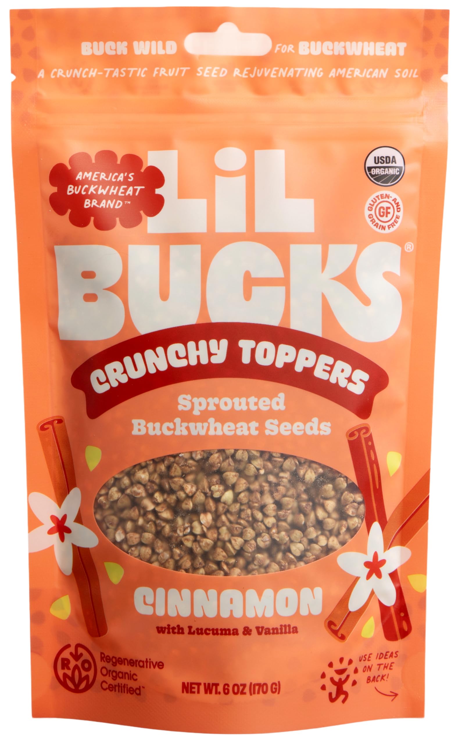 Lil Bucks Sprouted Regeneratively Grown Buckwheat Seeds– Paleo Cereal, Gluten-Free Granola, High in Protein, Low Sugar, Organic Superseed Crunch (CINNAMON, 1 Pack)