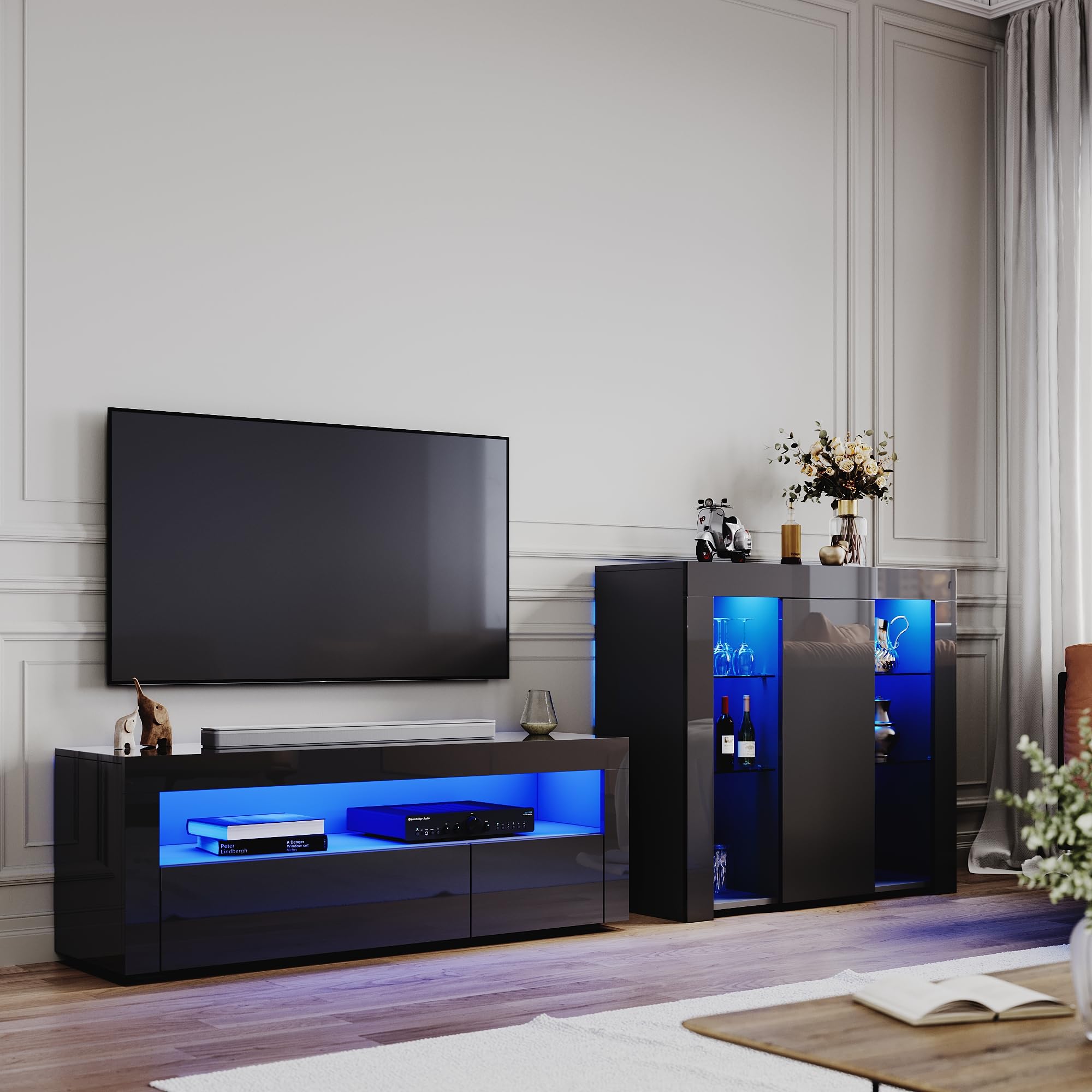 ELEGANT Living Room Set TV Stand Cabinet and Sideboard with LED Lights