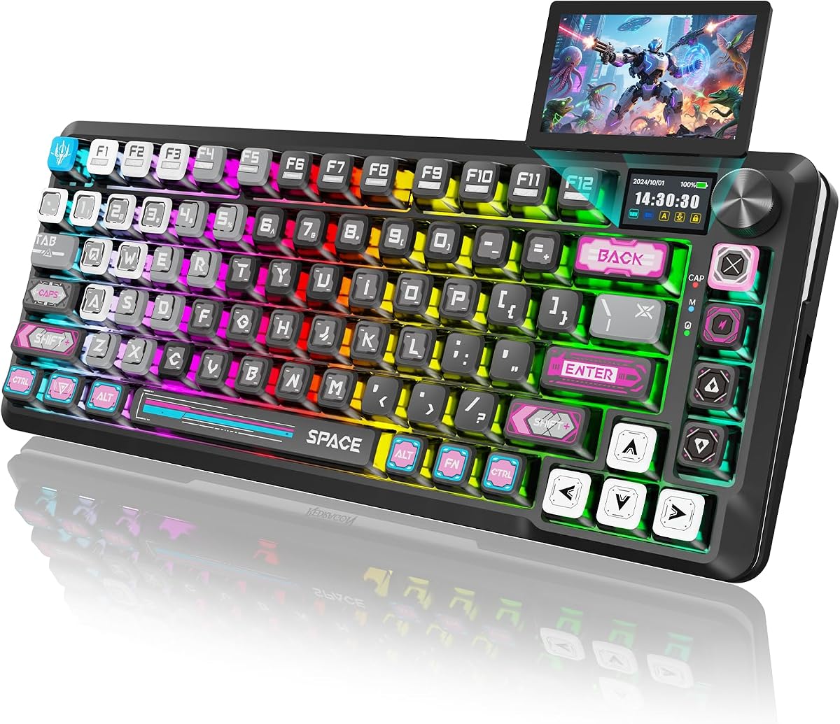 Wireless Mechanical Gaming Keyboard - Gasket-Mounted RGB Backlit, Custom Keys, 3-Mode(Bluetooth/2.4G/USB), Hot-Swap Pre-Lubed Switches, Screen & Control Knob - Cyber Mecha Style, Plasma Arc