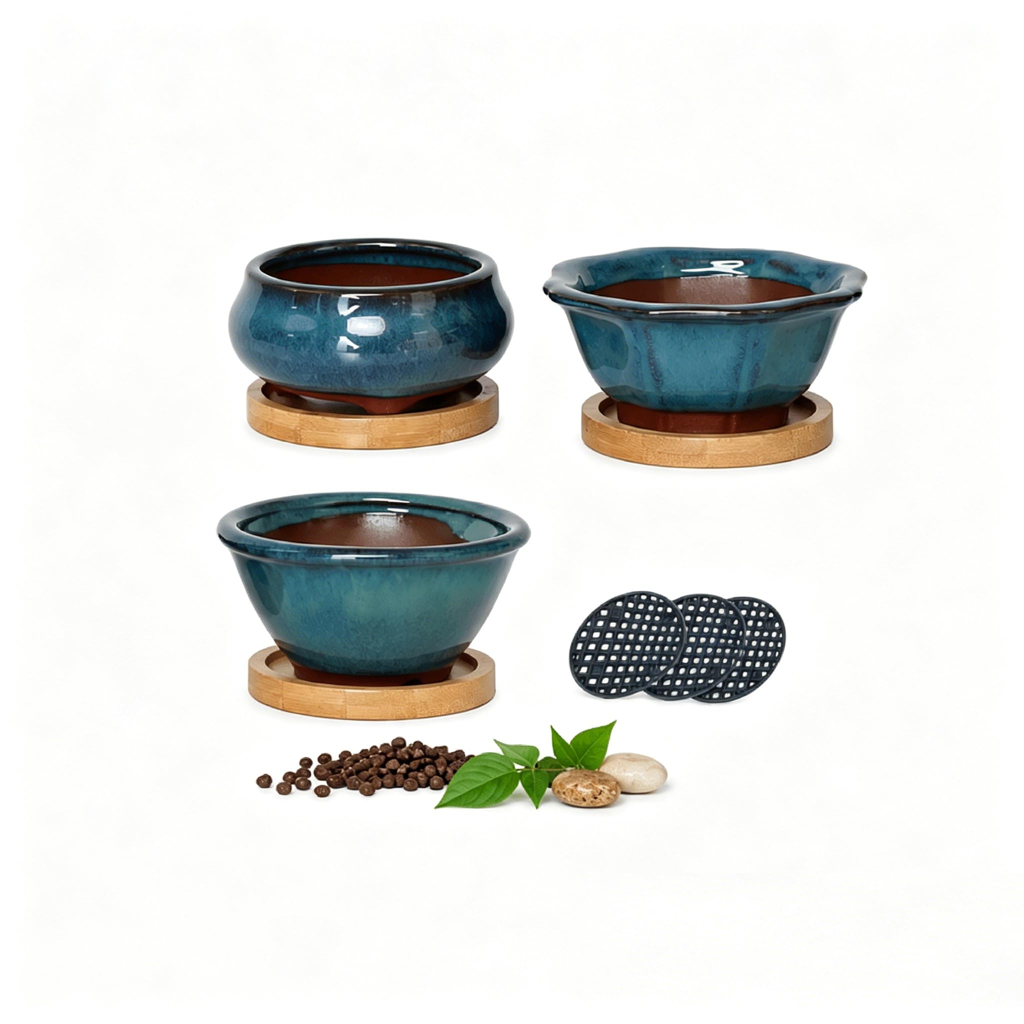 Lot de 3 Pots à Bonsaï en Céramique Émaillée avec Trous de Drainage, Grilles Filtrantes & Plateaux en Bambou| Design Japonais Traditionnel | Idéal Plantes Intérieures & Décoration