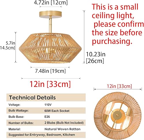 Miniatura 2 de Lámpara de techo de ratán tejida con 2 luces, luz de techo semiempotrada tejida a mano de granja beige, pequeña cesta costera bohemia cerca de la