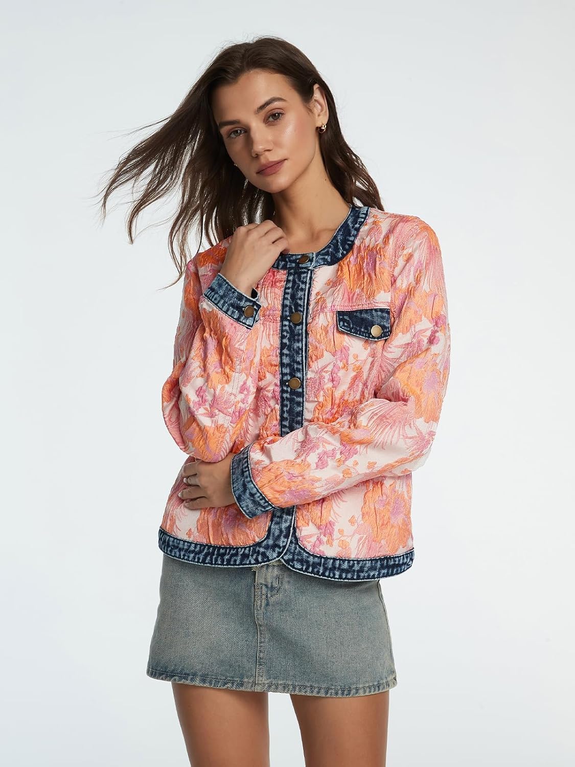 D-Sun Women's Floral Denim Jacket Long Sleeve Cropped Jacquard Jean Jacket Crewneck Button Down Casual Denim Fall Coats - Image 6