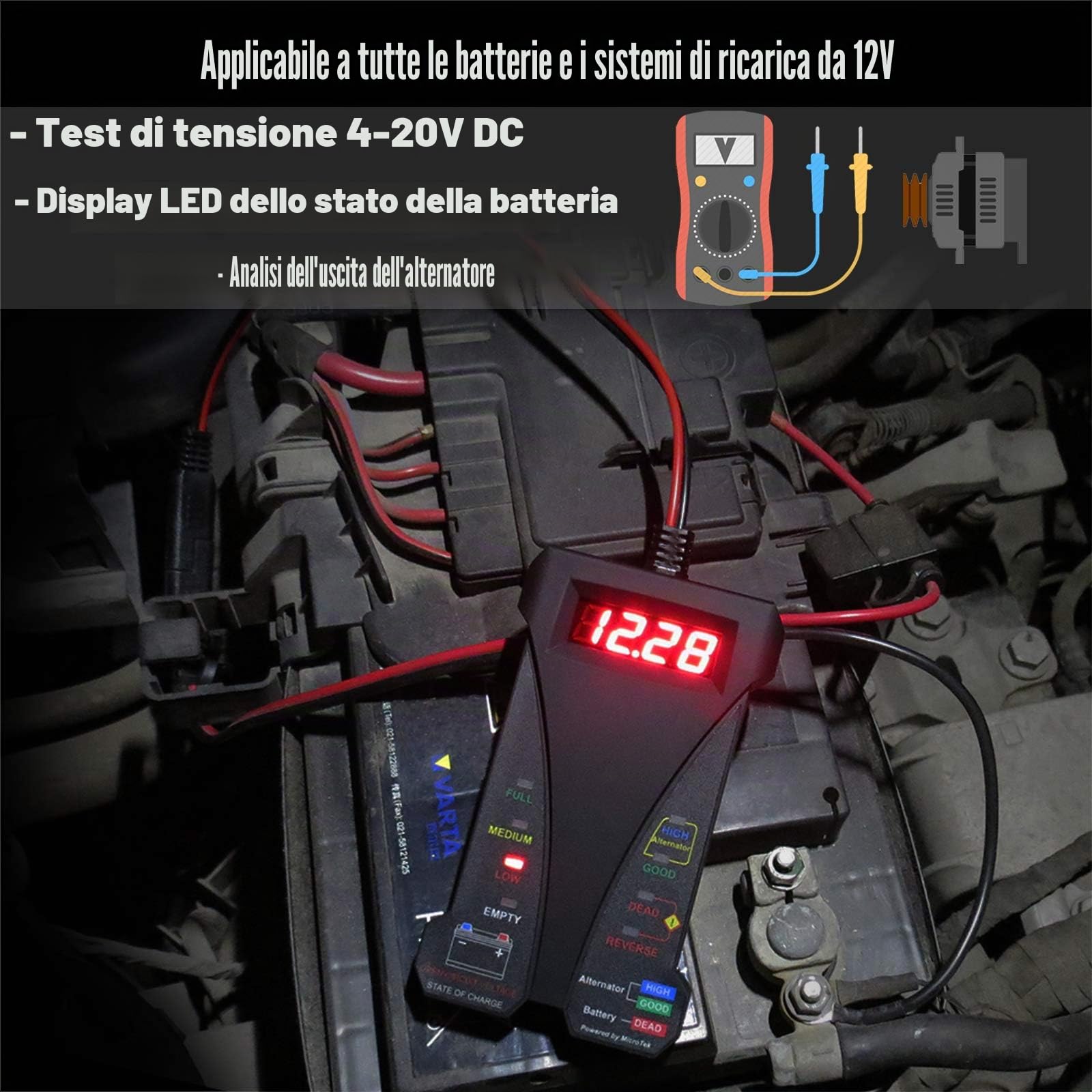 MOTOPOWER 12 V Tester digitale per batteria, analizzatore voltmetro, display LCD LED, Nero