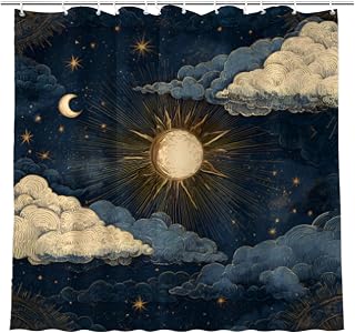 Celestial Shower Curtain with Sun Moon Stars, Navy Blue and Gold Vintage Astronomy Design, Waterproof Polyester, 72x72 Inches with Metal Buttonholes and 12 Hooks (Sun Moon Stars)