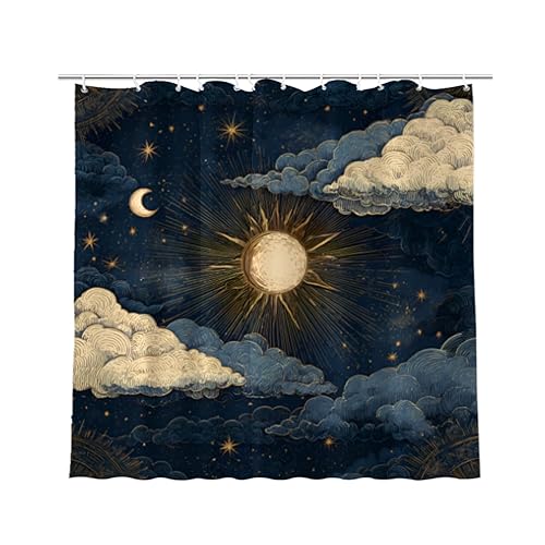 Celestial Shower Curtain with Sun Moon Stars, Navy Blue and