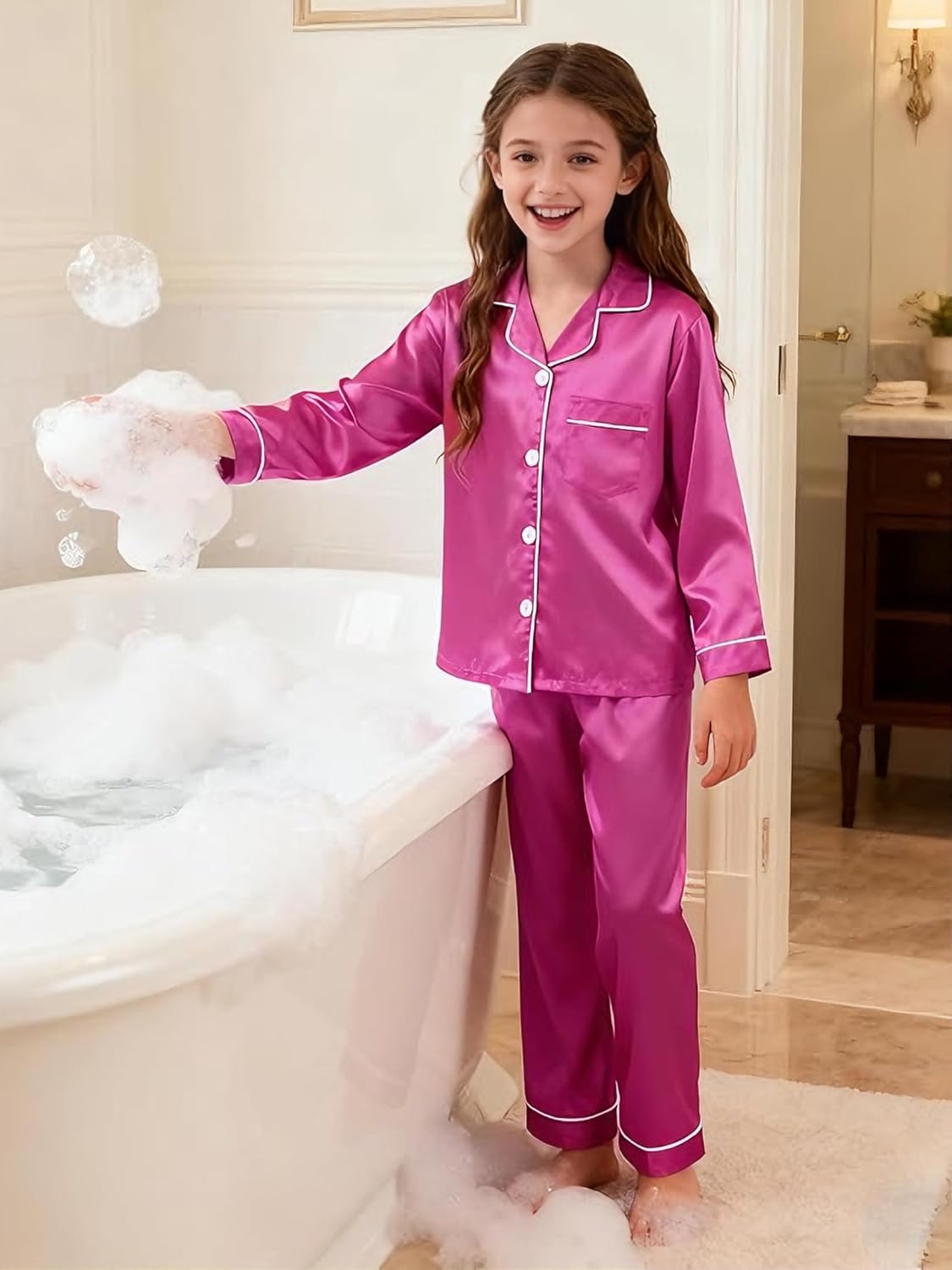 Boys Girls Pajama Set 2 Pieces Cute Girls Satin Pajamas Long Sleeve + Pants, Silky Button Down PJ Set Size 5-14 - Image 6