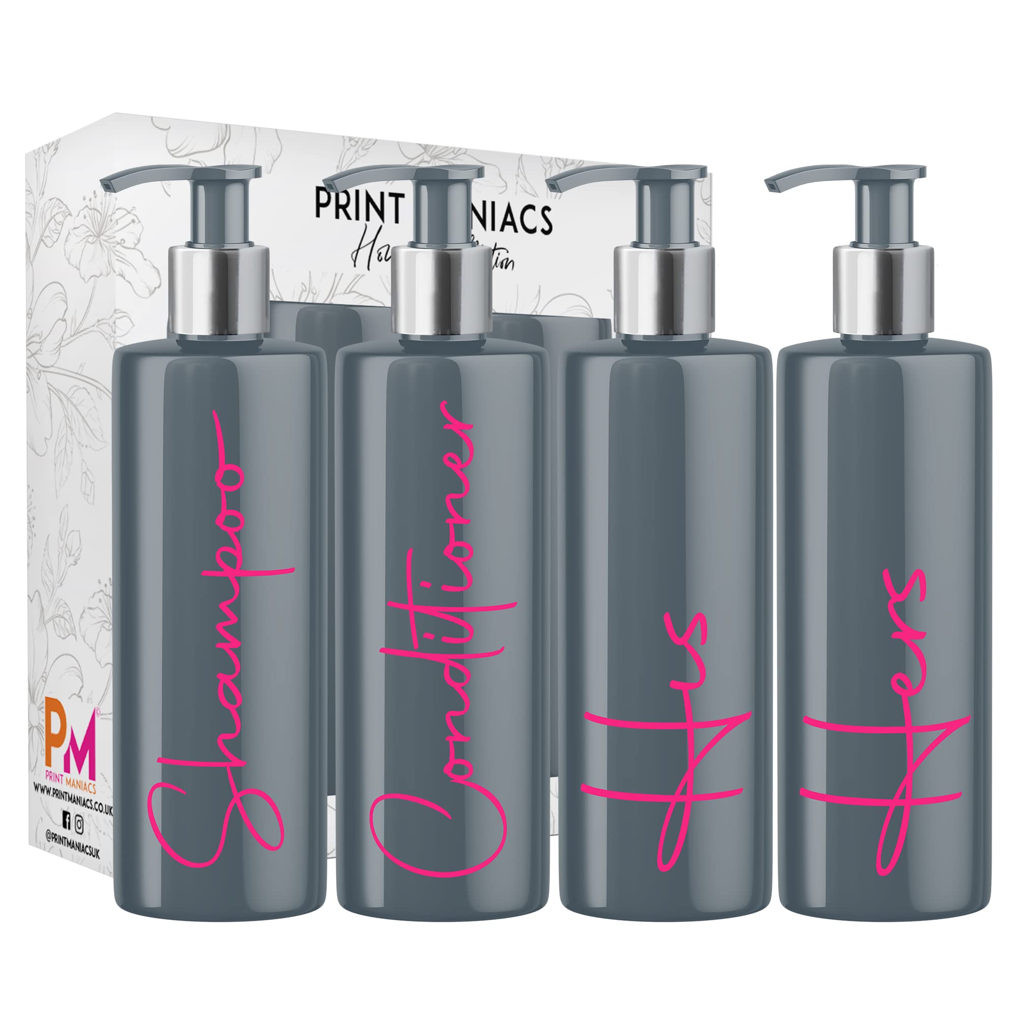Print Maniacs Grey Mrs Hinch Inspired Personalised 500ml Pump Bottles Bathroom Lotion Kitchen Set Shampoo Conditioner Body Wash F2 (Pink, Shamp,Cond, His, Hers) โ image 1