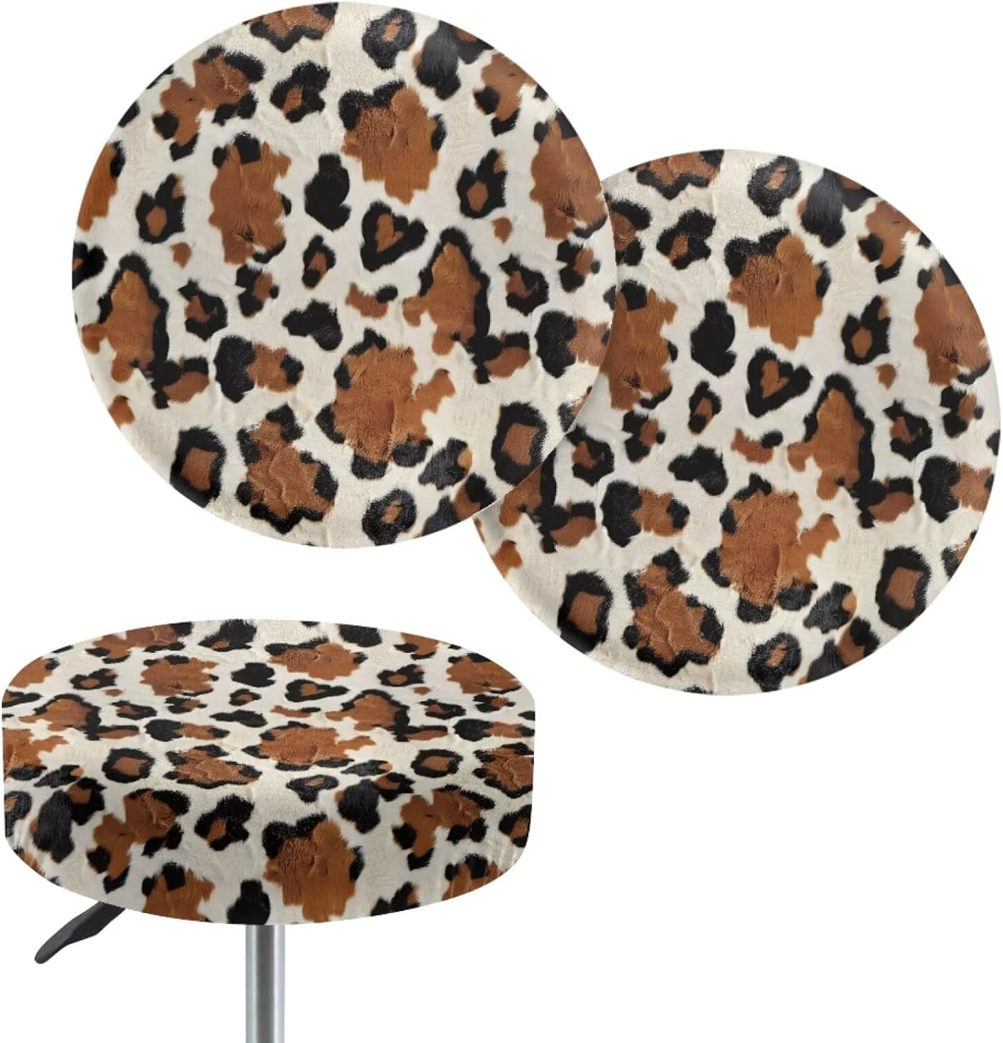 Brown Cow Print Bar Stool Slipcovers, Removable Bar Stool Seat Covers Decorative Cover Non-Slip Stretch Round Barstool Covers with Elastic Band 2 Packs, 14"-16", L