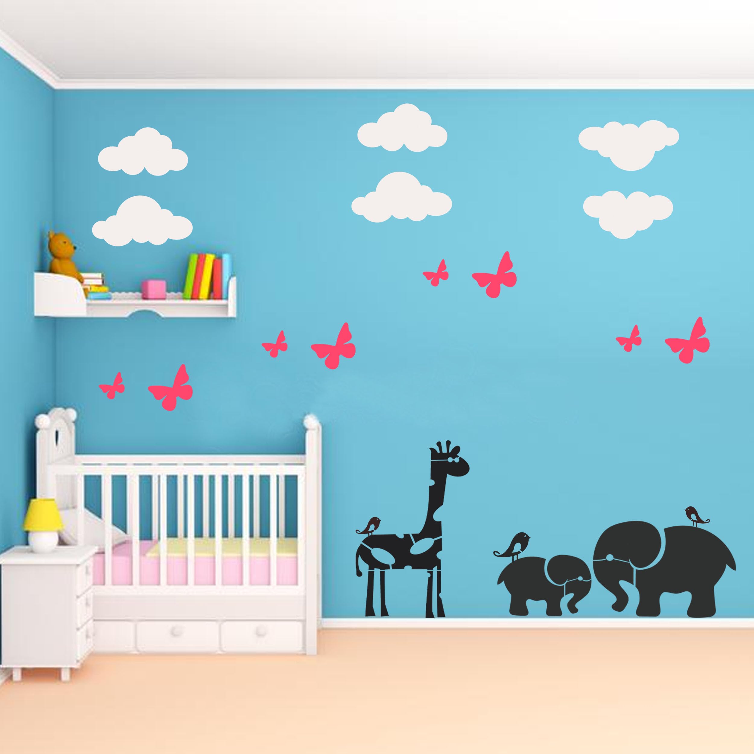 ARandNJ Theme- Elephants Design (16X24 Inch), Giraffe Design (12X18 Inch), Clouds Design (12X18 Inch) & Butterflies with Sparrows Design (12X12 Inch) Ideal for Kids Room and Play School (Pack of 5) 1