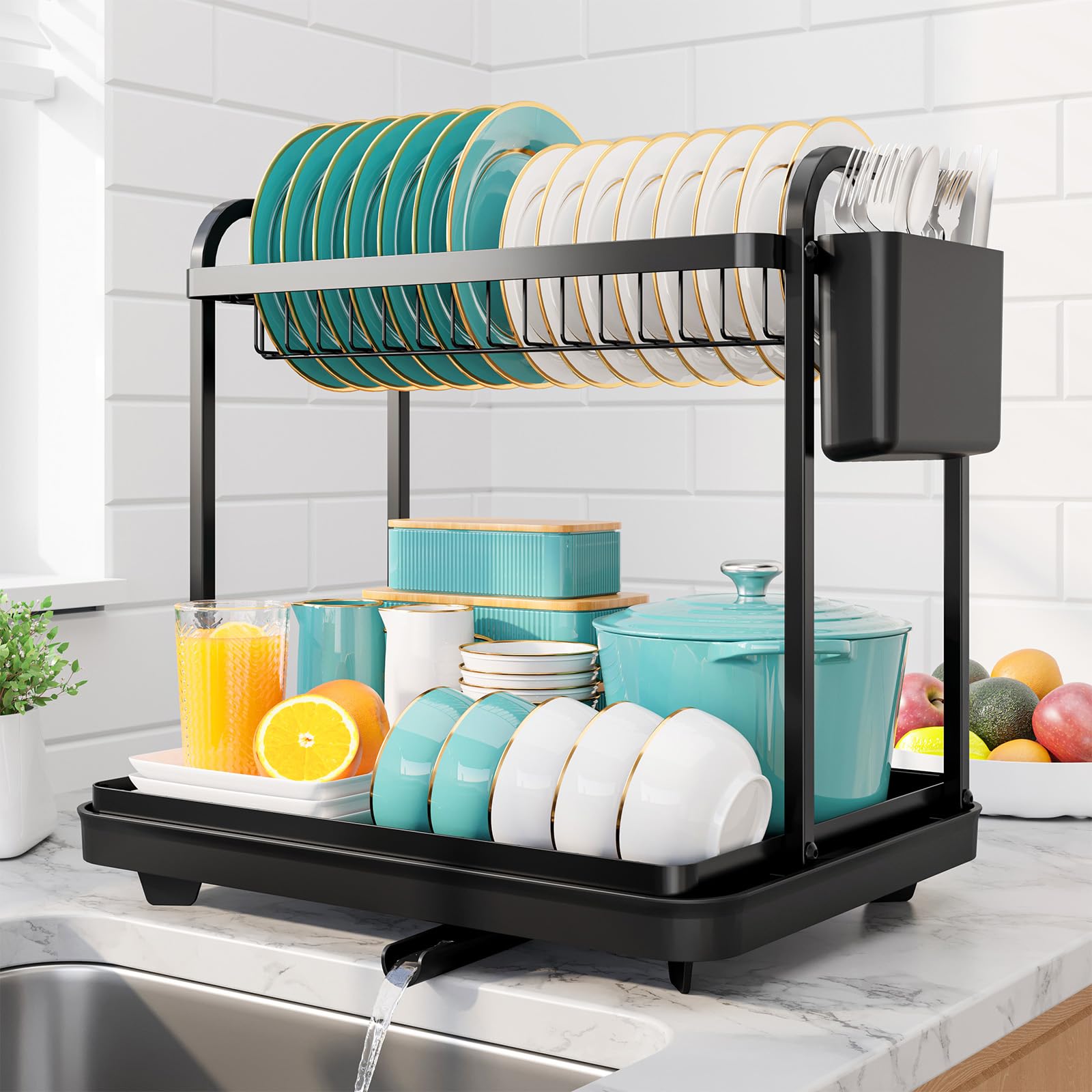 Sakugi 2-Tier Dish Drying Rack - Stainless Steel Dish Rack with Cutlery & Utensil Holders for Kitchen Counter, Sink Organization and Storage Essentials, Home Decor, 15" W x 11.4" L x 15" H, Black