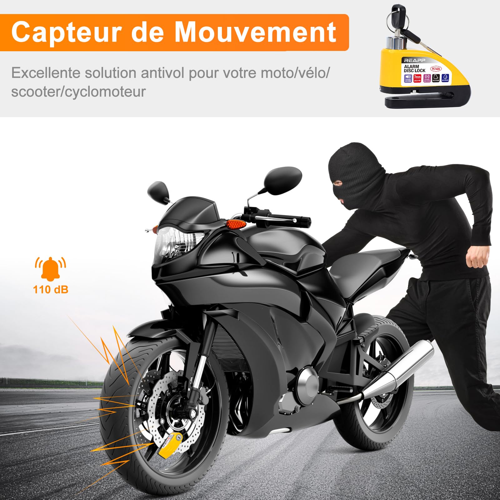 REAPP Antivol Moto Renforcé, Bloque Disque Alarme 110dB, Piles de rechange | Antivol Essentiel, Étanche, Bloc Disque Haute Sécurité, Câble de Rappel 1,5 m et Sac, Compatible Moto/Vélo/Scooter à disque