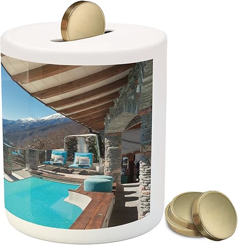 Miniatura 2 de Verano Hucha por lunarable, terraza con piscina y lago vista desde la casa balcón ocio Dream destino de día festivo, impresa de cerámica de banco de