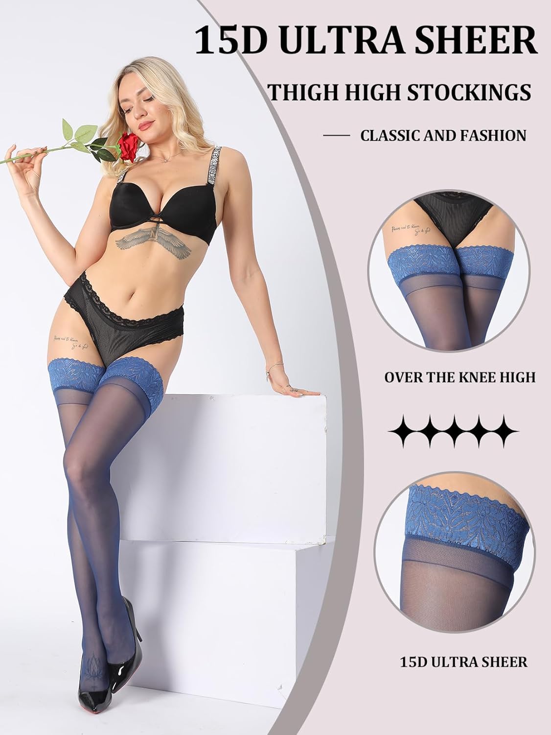 MERYLURE Thigh High Stockings Silicone Lace Top Stay Up Silk Semi Sheer Pantyhose for Women Hold Up Nylon Lingerie - Image 3