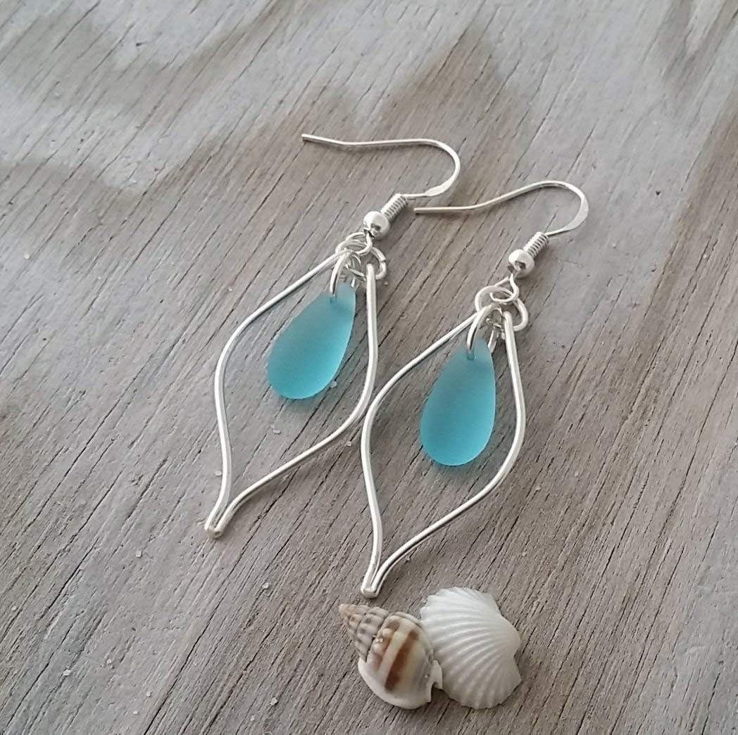 Yinahawaii Handmade Sea Glass Earrings, Hawaiian Jewelry, Wire Loop Turquoise Blue Earrings, Sea Glass Jewelry For Women Birthday Gift (December Birthstone)