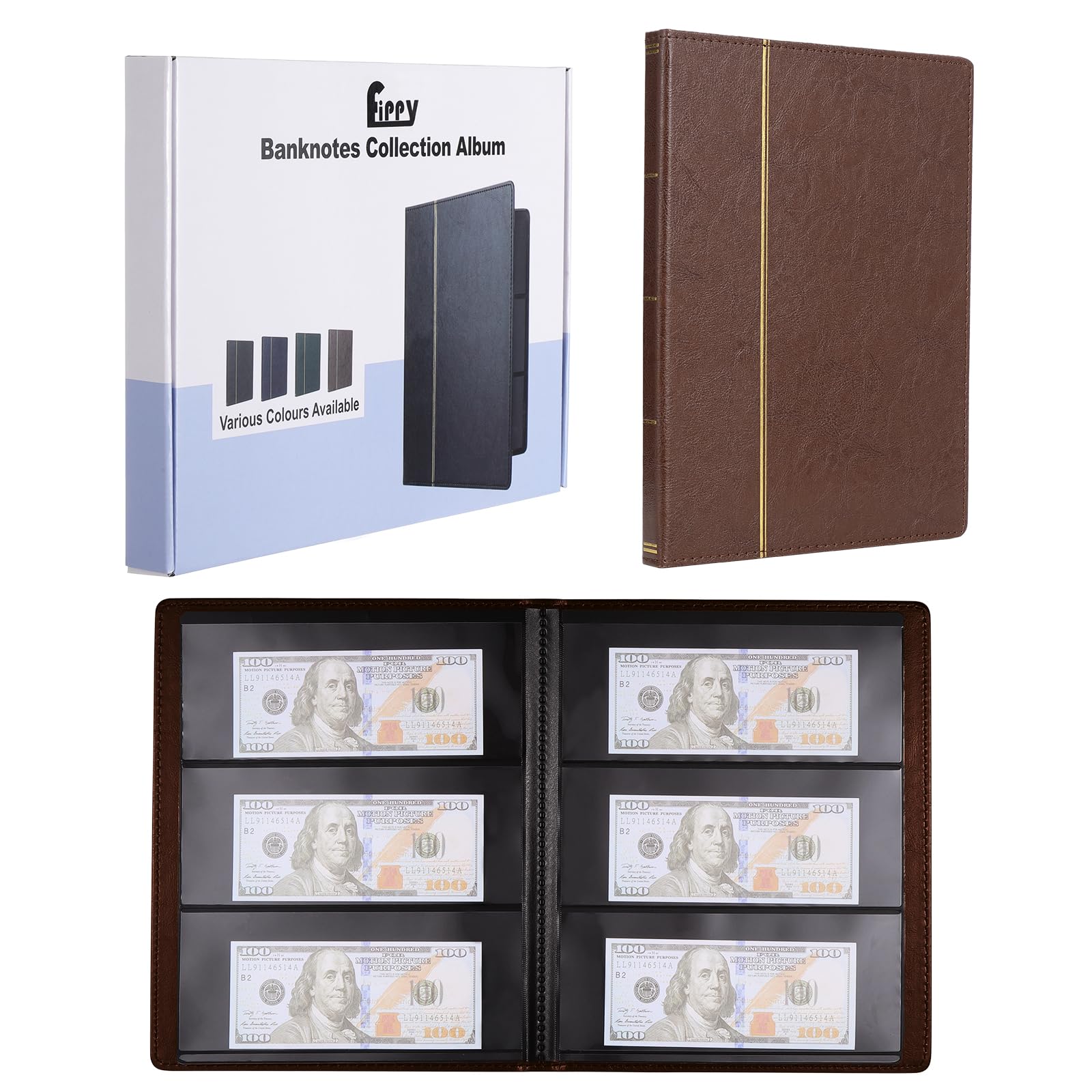 60 Pockets Collectible Banknote Album, Banknote Binder, Banknote Binder Book, Banknote Binder Book, Stamps (Brown)