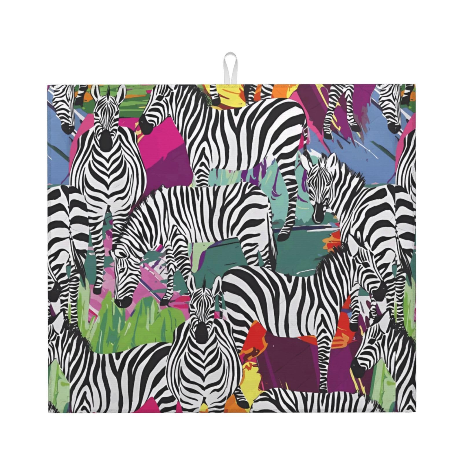 WHJSSF Zebra Prints Kitchen Drying Mat - Absorbent Dish Drying Throw with Colorful Prints, Quick-Dry Countertop Layer for Dishes & Appliances - Non-Slip & Foldable