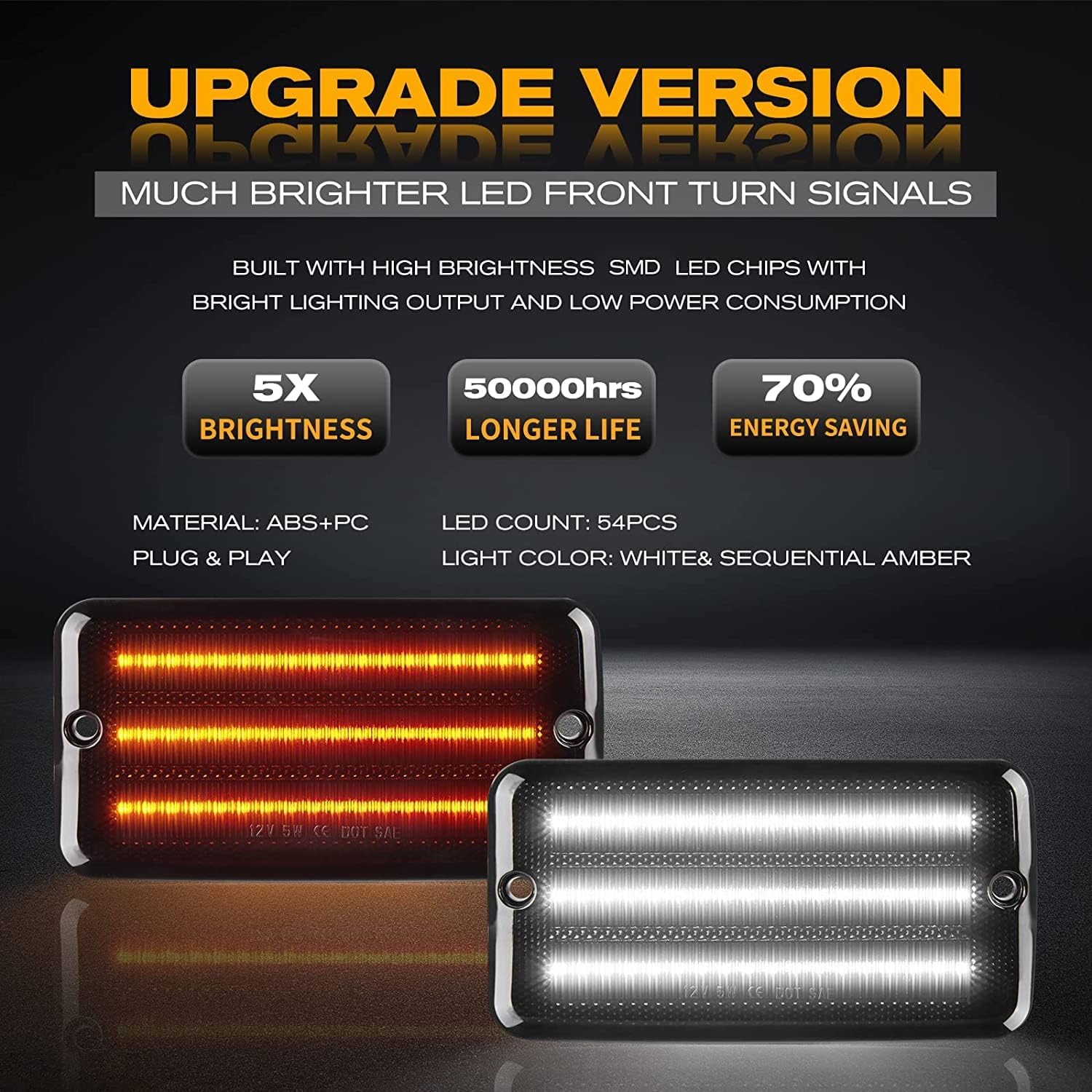 Gempro Led Sequential Front Turn Signal Lights White DRL for 1997-2006 Jeep Wrangler TJ Smoked Len