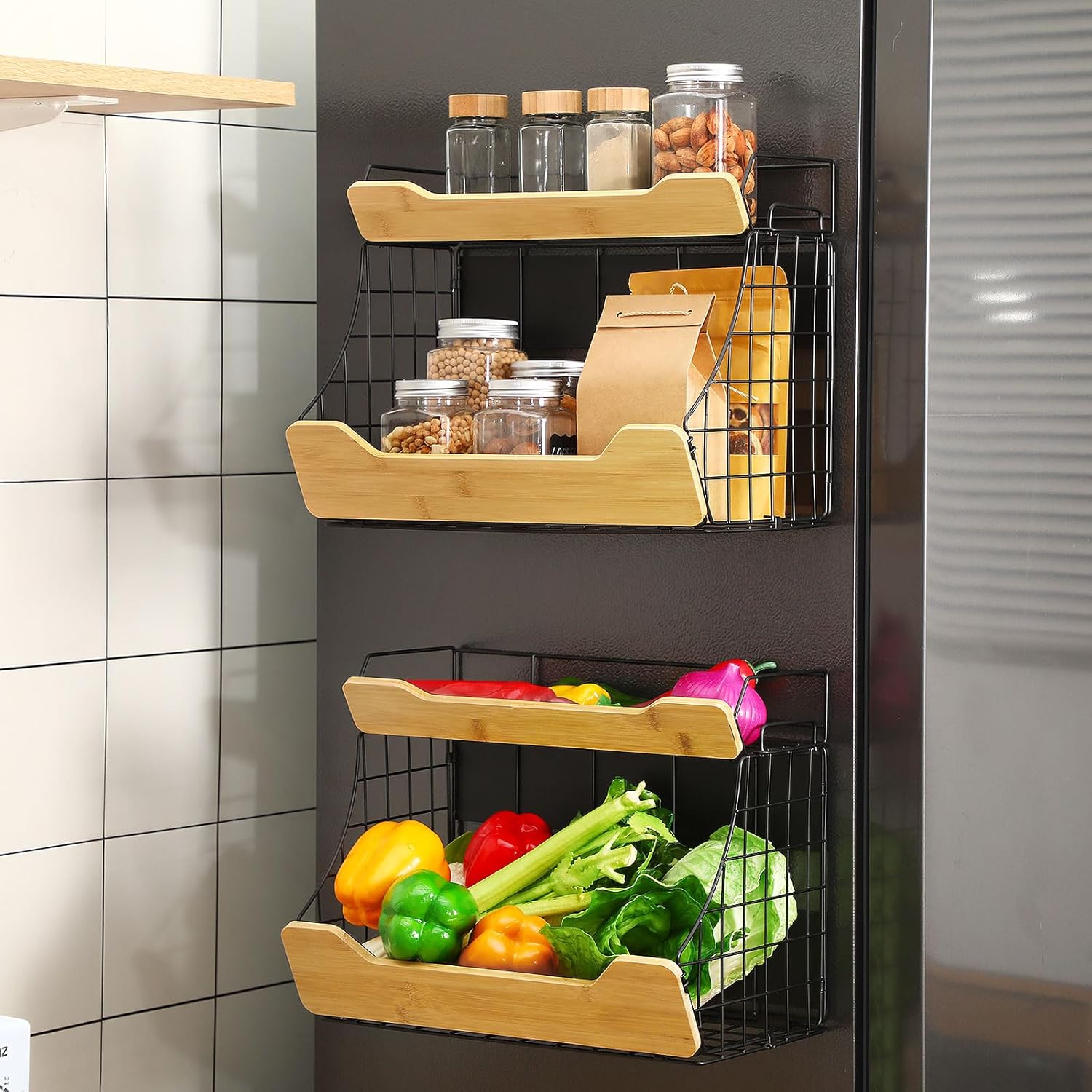 Vicenpal 2 Set Magnetic Shelf for Fridge with Double Layer Wooden Board Fruit Vegetable Storage Bin Onion and Potato Basket Magnetic Spice Rack for Refrigerator Kitchen Counter Cabinet RV and Laundry