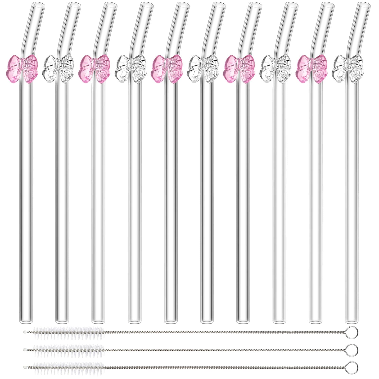 Meanplan 10 pajitas de vidrio reutilizables con diseño, 8 mm x 7.9 pulgadas, resistentes a los golpes, pajillas de vidrio doblado transparente con cepillo de limpieza para bebidas, fiestas, batidos