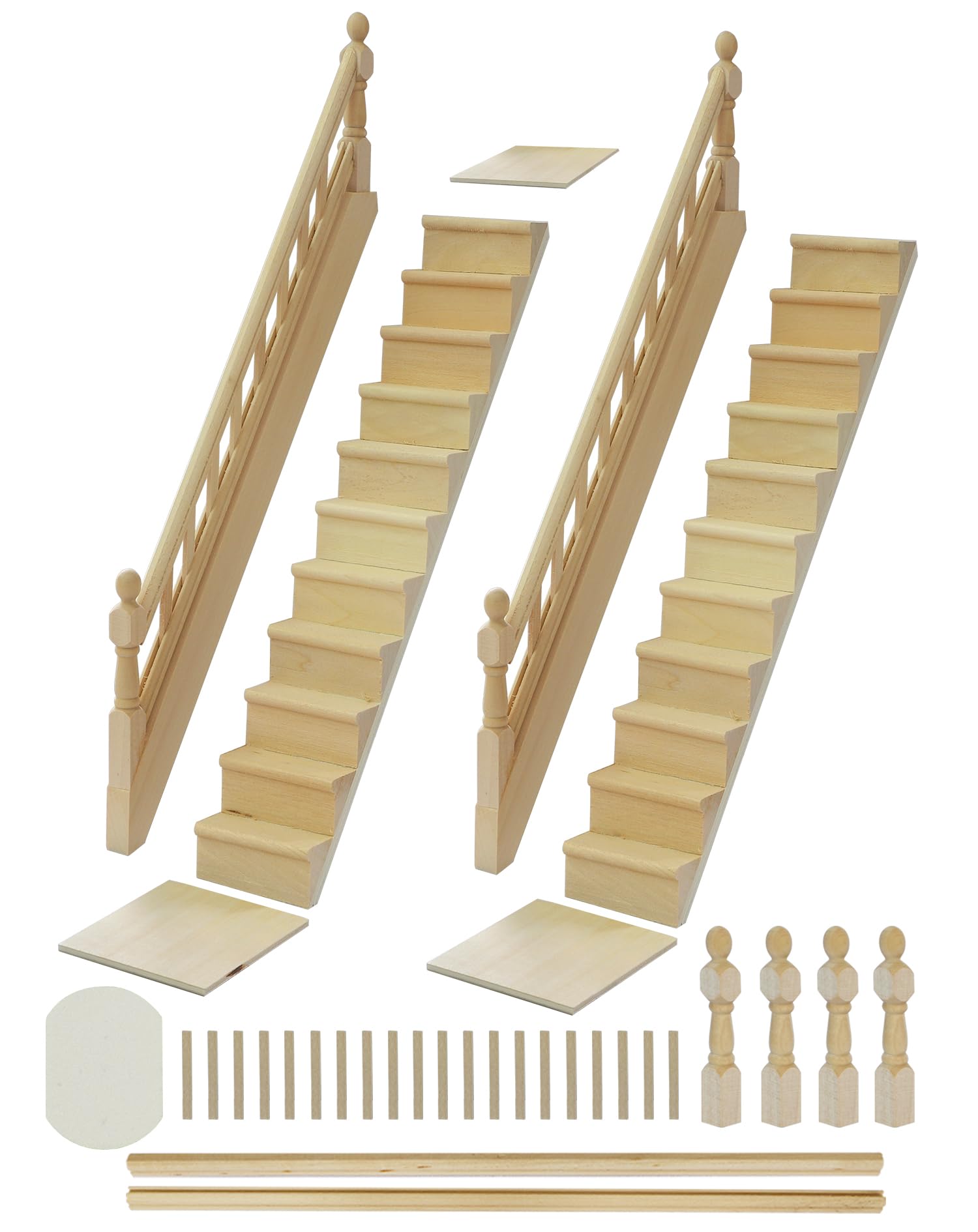 iLAND 1/12 Scale Accessories of Miniature Wooden Dollhouse Staircase with Adjustable Handrails and DIY Railing Complete 2 Stairs Sets for Modern or