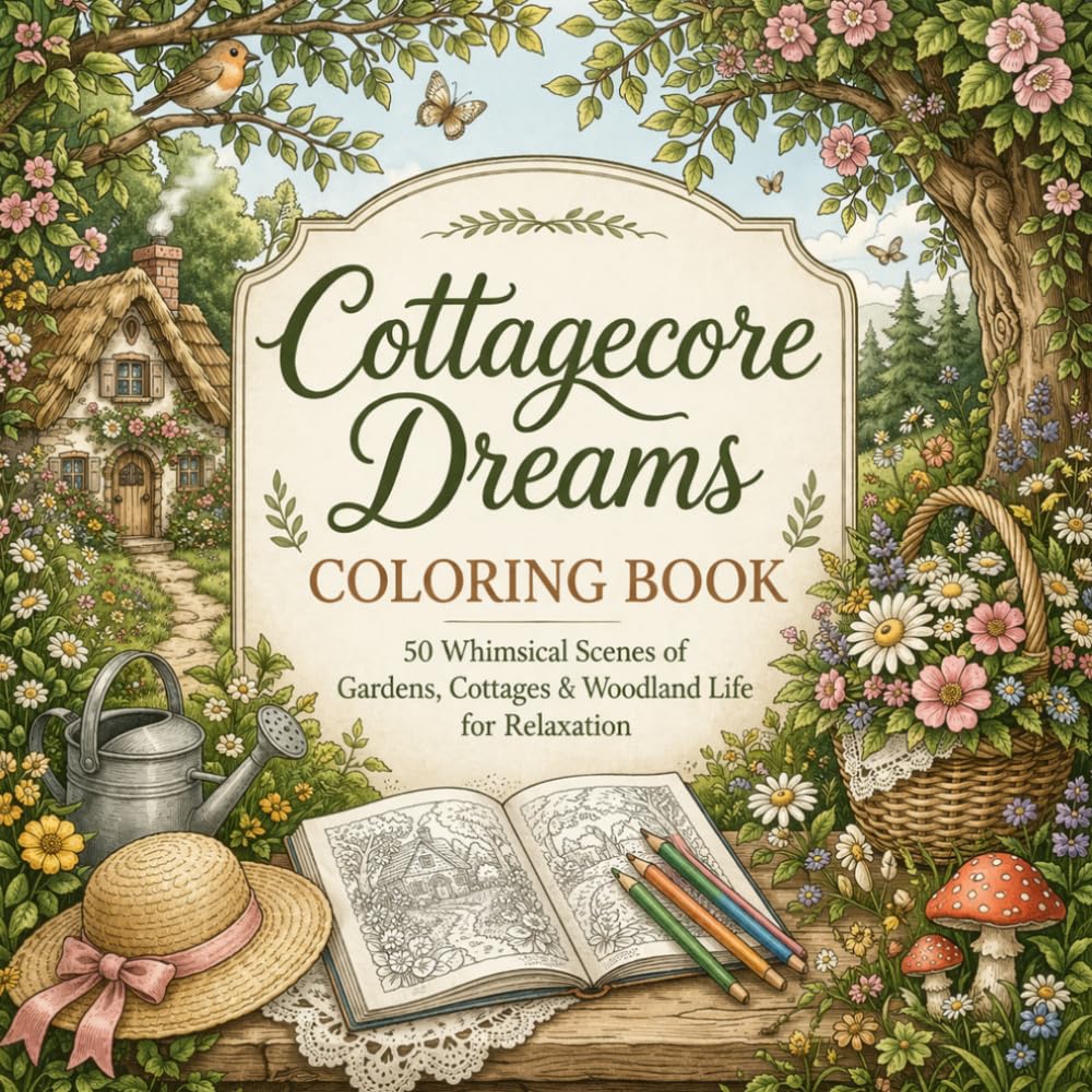 Cottagecore Dreams Coloring Book: 50 Whimsical Scenes of Gardens, Cottages & Woodland Life for Relaxation (Lifestyle & Fun)