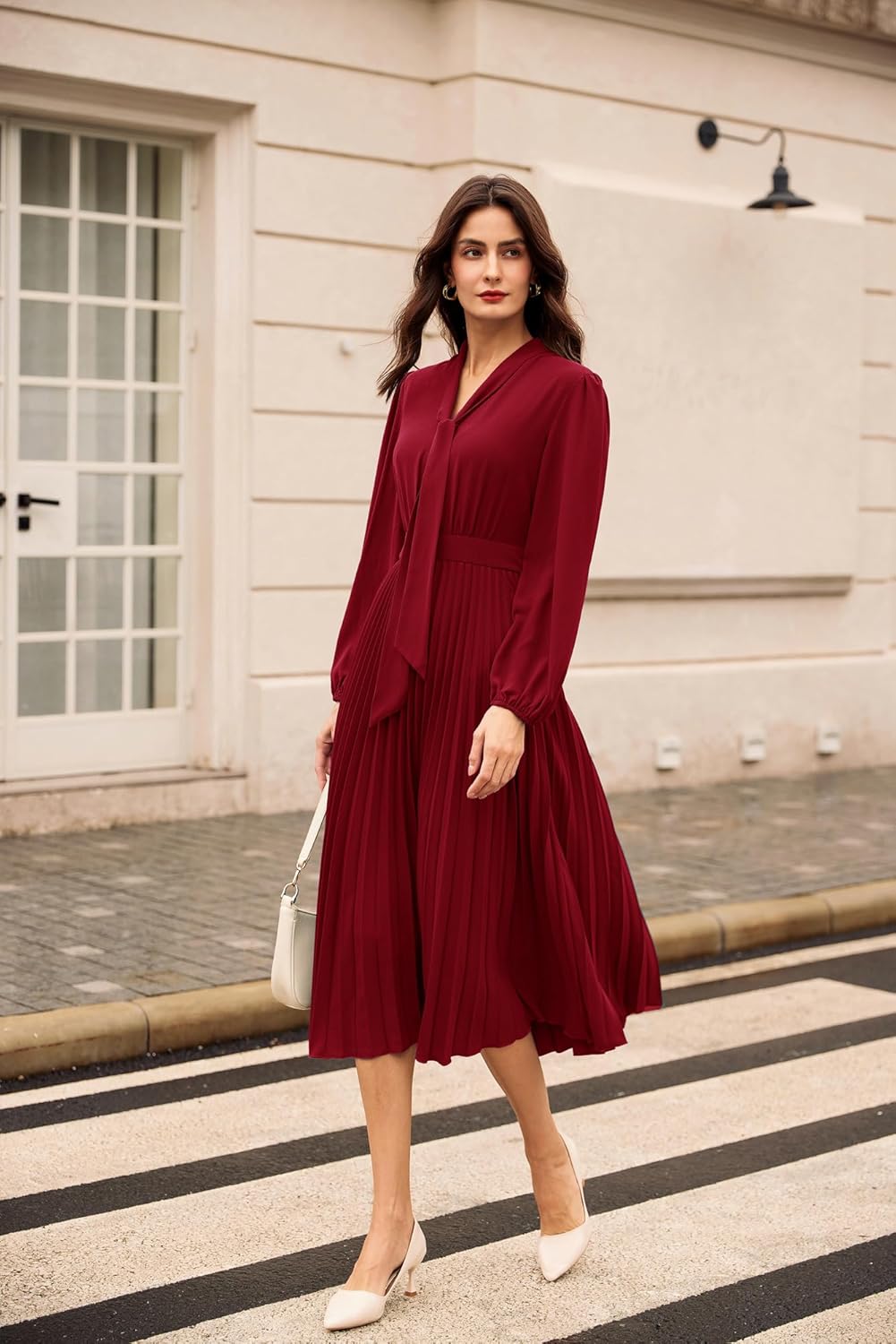 GRACE KARIN Womens 2025 Fall Long Sleeve Dress, Casual V Neck Pleated A Line Flowy Midi Dresses - Image 2