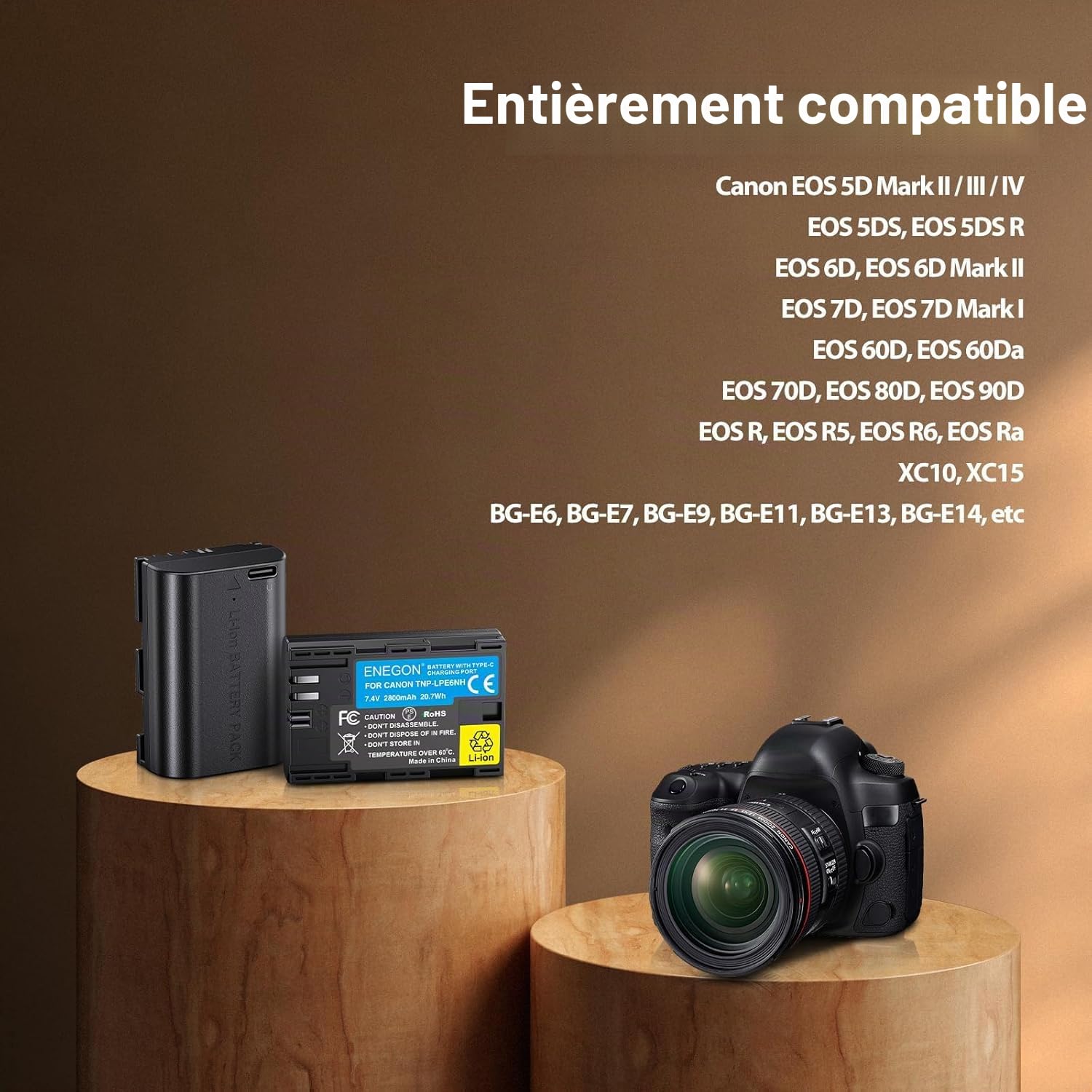 ENEGON LP-E6NH Lot de 2 Batteries de Rechange USB-C 2800 mAh pour Canon lp-e6nh, Compatible avec Canon EOS 5d Mark iv, Canon EOS 6D/6d Mark II, Canon EOS 70D/80D, XC10/XC15/5DS/5DSR/R5/R6