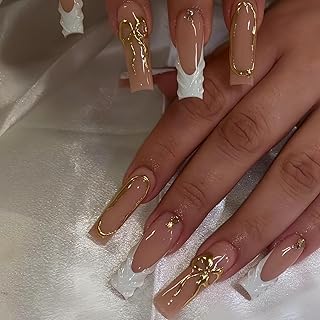 Long Square Press on Nails White French Tips Fake Nails with Rhinestones Water Ripple Design 3D Gold Bow False Nails Golden Irregular Stick on Nail Glossy Rhinestones Nail for Women Manicure 24Pcs