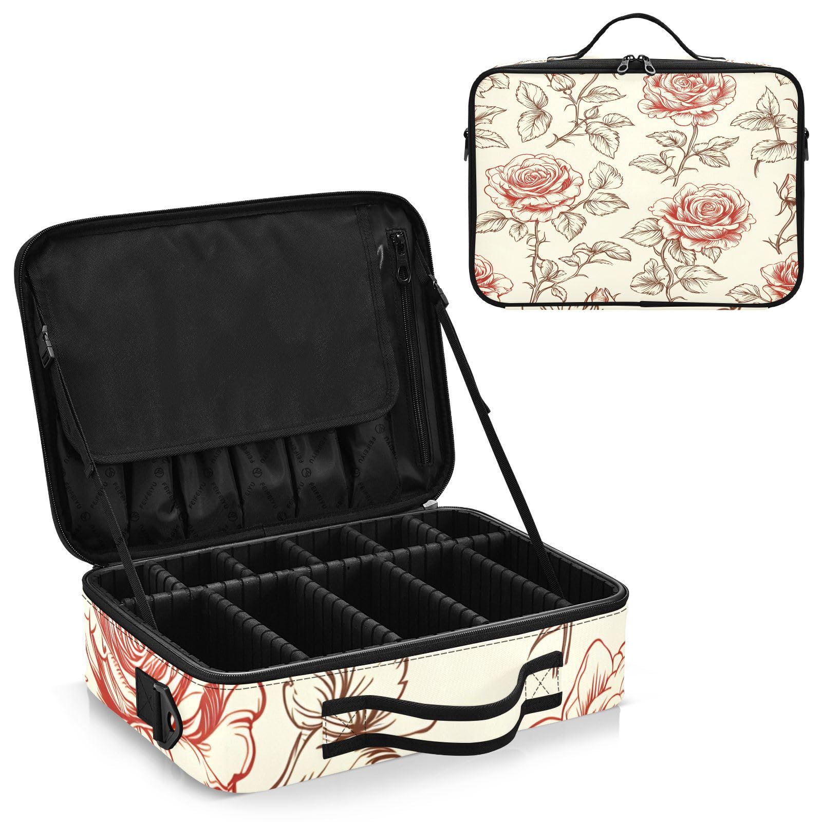 zyrtty Travel Makeup Train Case Rose White Red Flower Pattern Cosmetic Organizer Portable Storage Bag with Adjustable Dividers for Cosmetics Brushes Toiletry Jewelry Digital Accessories