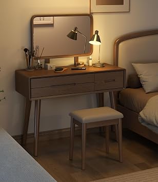 AnywaysWood Solid Wood Vanity Desk with Mirror and Lights,Adjustable Height and 3 Lighting Modes, Makeup Vanity with 3 Drawers,Easy Assemble Vanity Table Dressing Tables for Bedroom Walnut