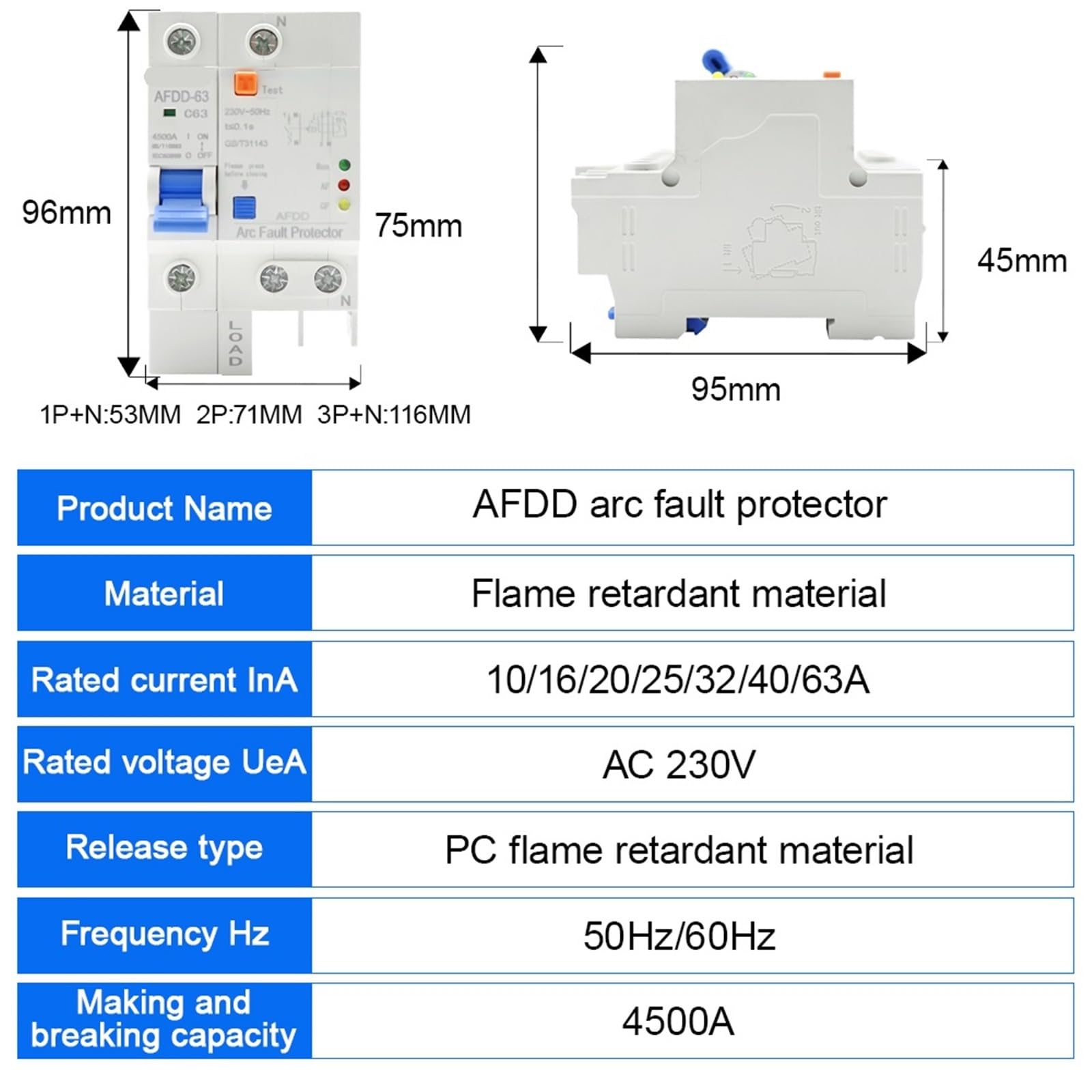 AFDD 63 220V 3P+N Breaker Short Circuit Protection Overload Leakage RCBO MCB 1Pcs(2P,40A)