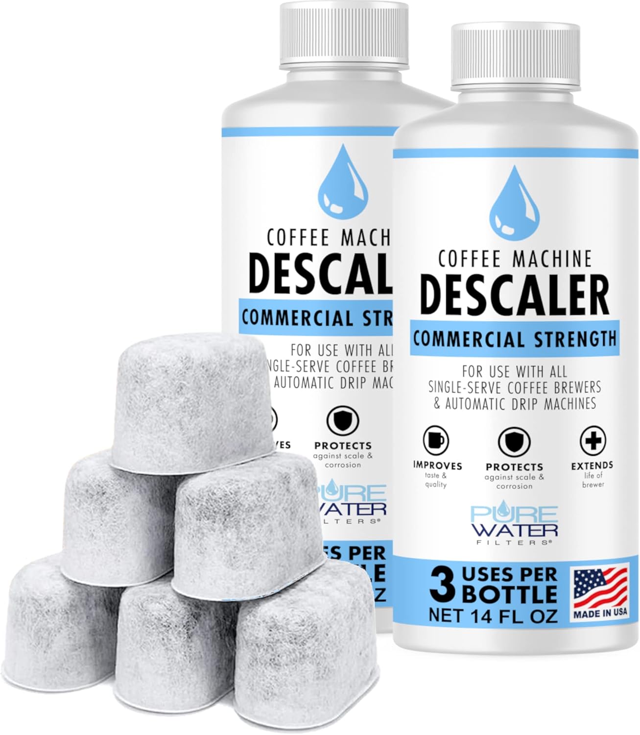 Descaler for Coffee Machines (6 Total Uses) - Made in USA - Commercial Strength Descaling Solution Plus 6 Replacement Charcoal Water Filters Compatible With All Single-Serve Coffee Brewers