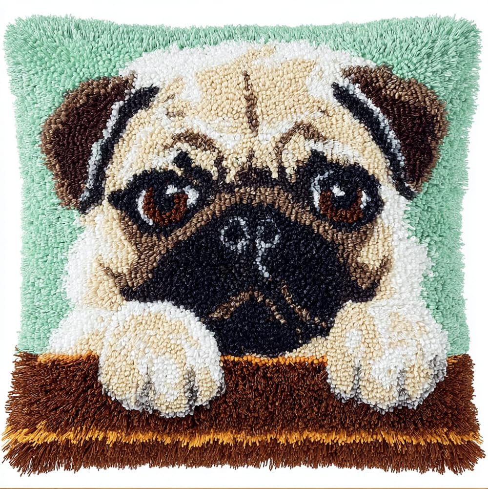 Rqwybcaxn Latch Hook Cushion Kit, Pug Puppy Knitting Kits Cushion, Rug Making Kit for Starters, Latch Hook Kit for Beginners Adults Or Children, Latch Hook Kit 43X43Cm/17X17 Inch