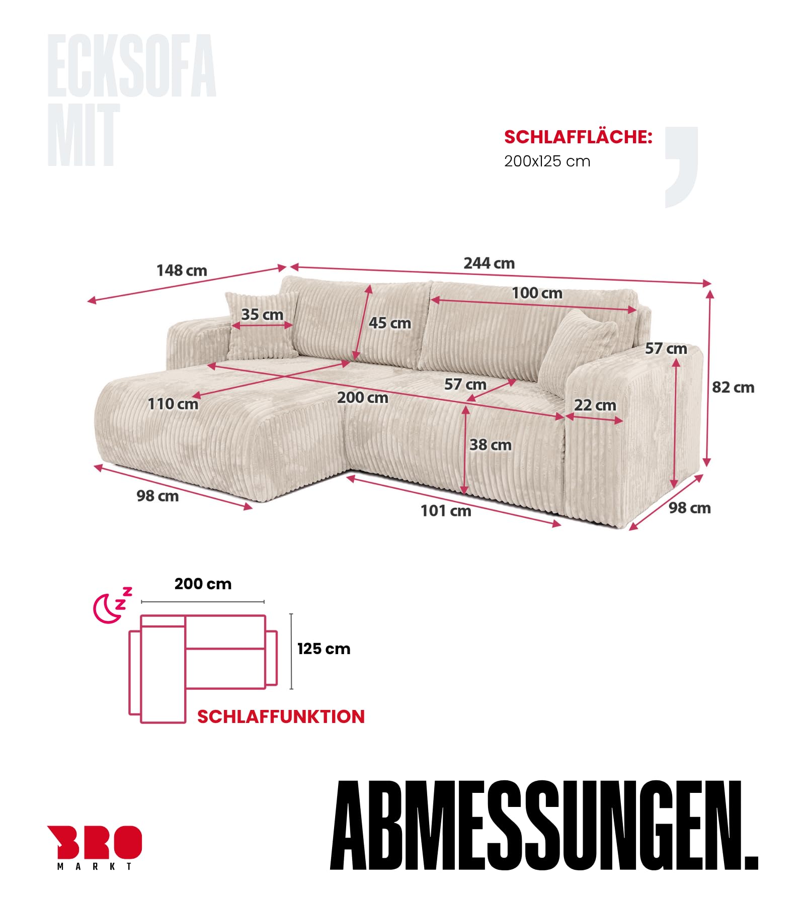 BROMARKT Ecksofa mit Schlaffunktion und Bettkasten 125x200cm L Crème | Schlafsofa mit Stauraum und Kissen Eckcouch Sofa für Wohnzimmer Wohnlandschaft 3 Sitzer Universell freistehend Couch TILIO