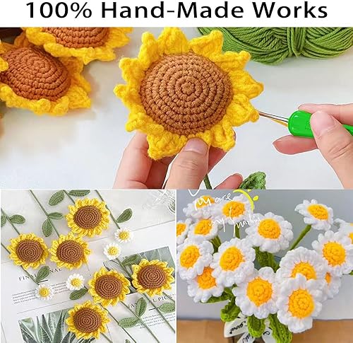 Miniatura 3 de 8 piezas de flores artificiales de margaritas de girasol artificiales de punto para decoración de flores de ganchillo tejidas a mano, flores hechas