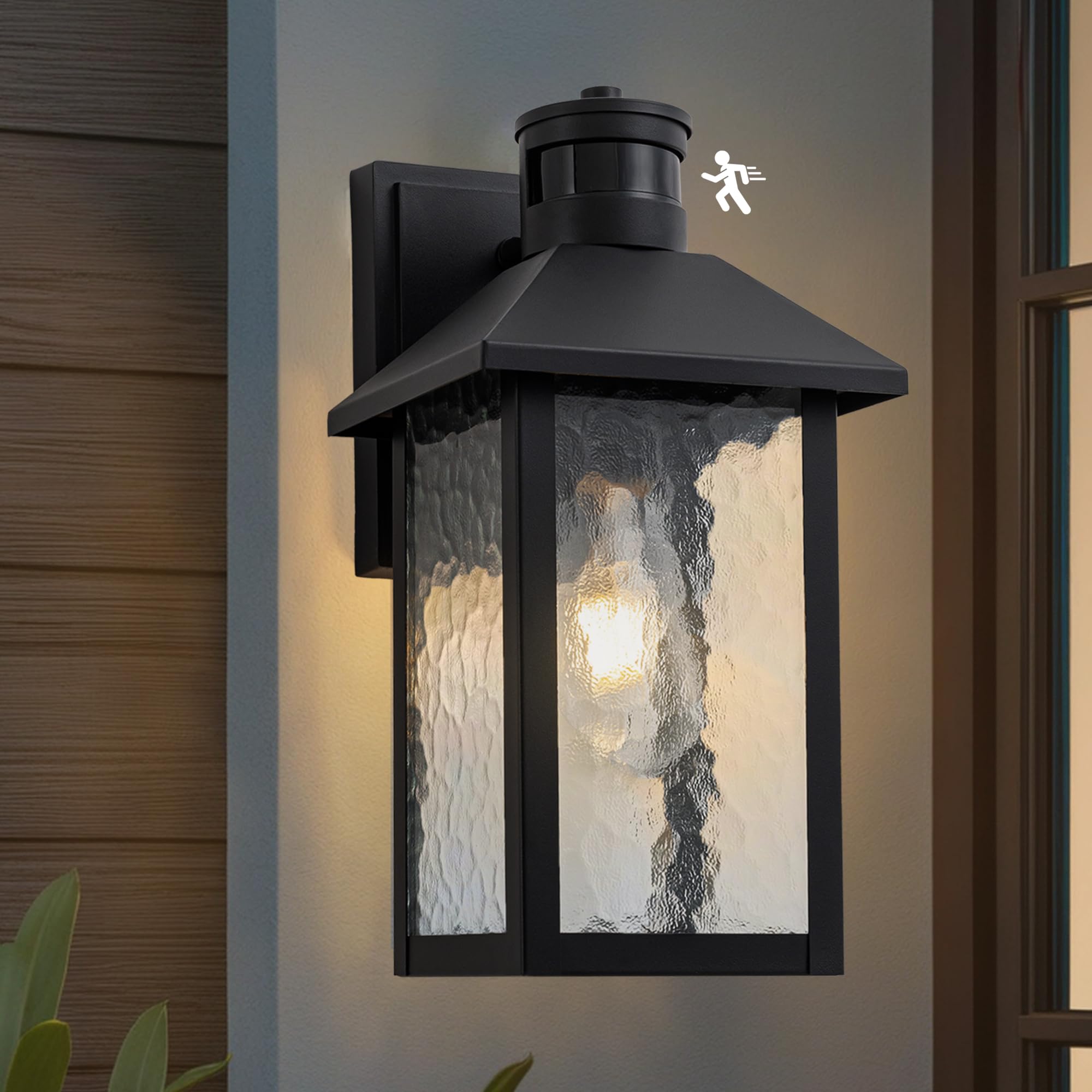 FTL Outdoor Motion Sensor Wall Lights, Dusk to Dawn Outdoor Lighting with Water-Rippled Glass, 3 Lighting Modes PIR Security Porch Sconce, E27 Outside Wall Lantern for Garage Entryway, IP44 Waterproof
