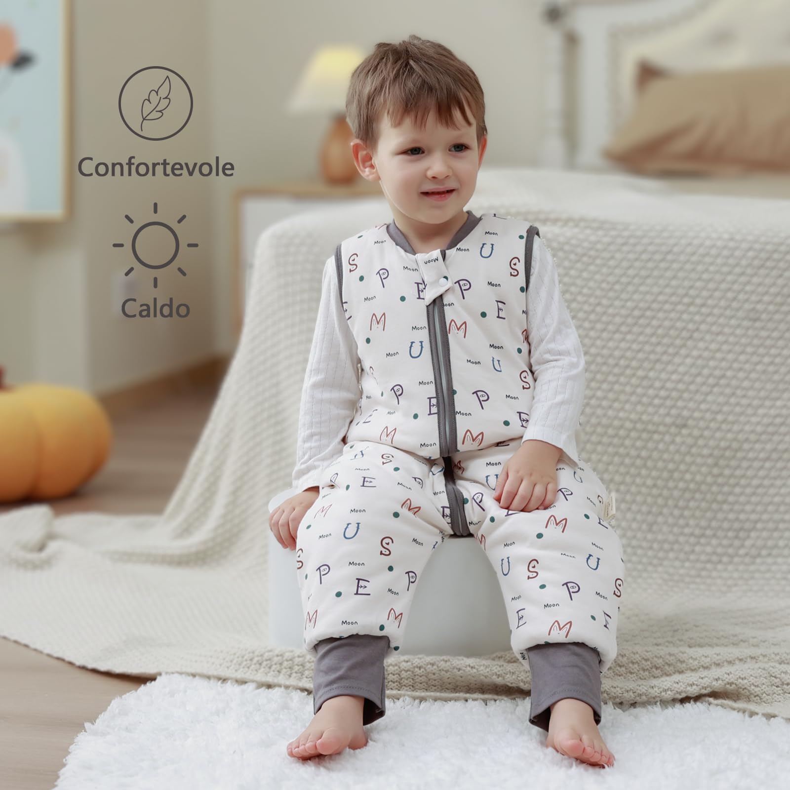 MIKAFEN Bambini Sacco nanna invernale con gambe 2,5 Tog,100% cotone,Sacco nanna con piedini,75-85 cm/6-18 mesi,Alfabeto