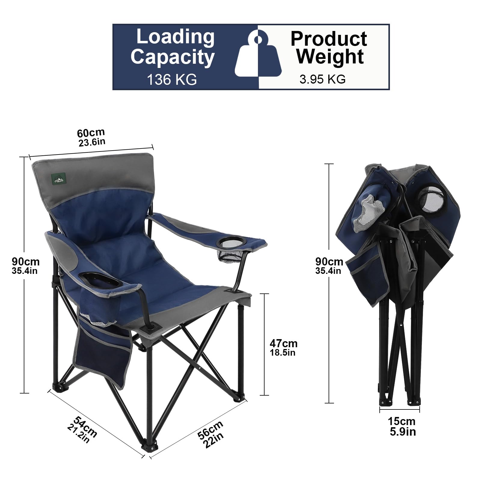 Oversized Folding Camping Chair,Heavy Duty Padded Portable Lawn Chair,Soft&Comfortable,Tear-Resistant Fabric,w/2Extra Large Cup Holder,Storage Pocket,Carry Bag,Outdoor Beach Garden Fishing.Dark Blue