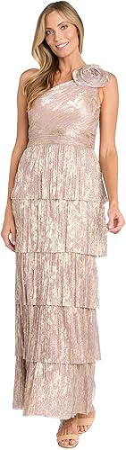 R&M Richards Women's Glamorous One-Shoulder Gown | Tiered Skirt Maxi Dress W/ 3D