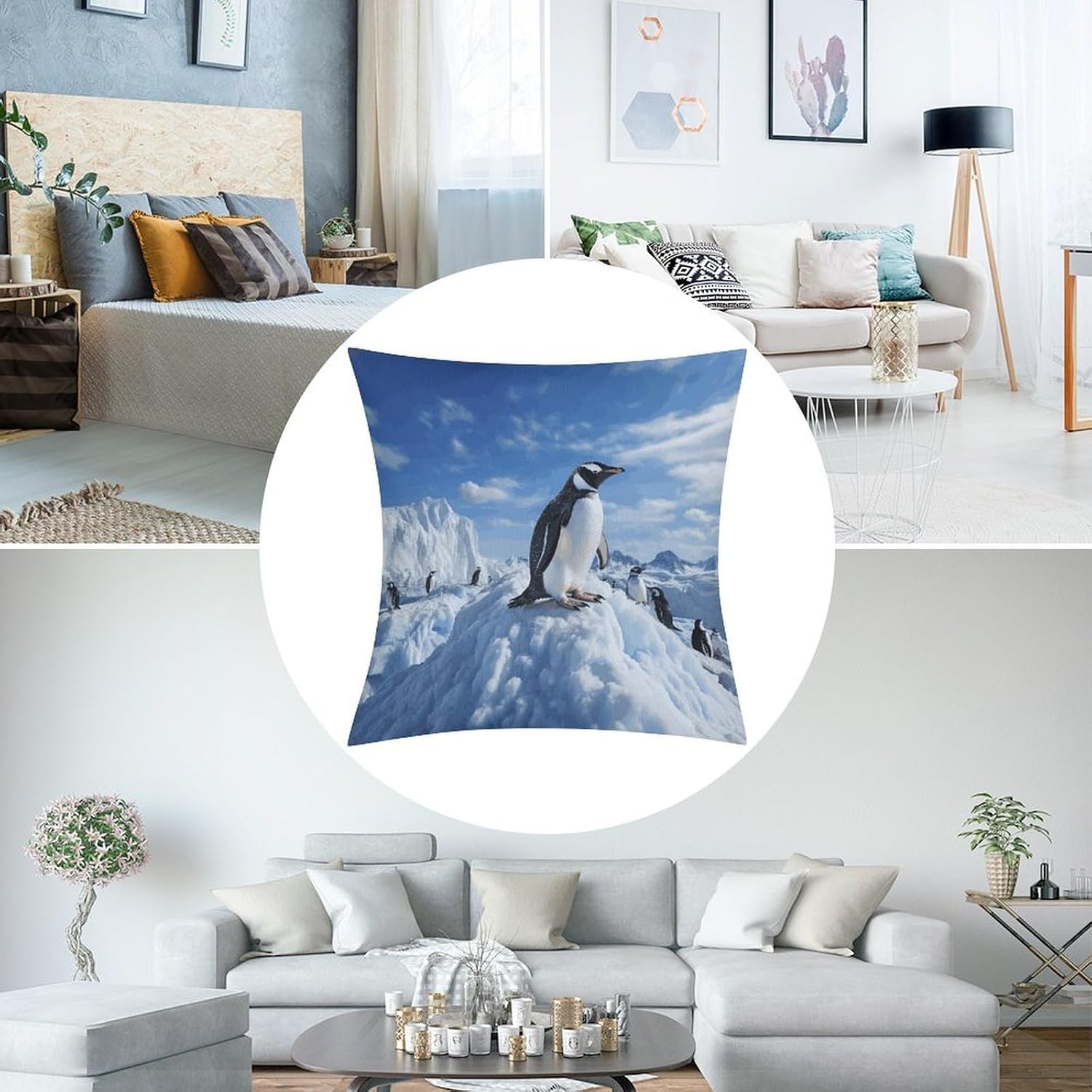 Snow Mountain Penguin Pillow Protectors Cute Waterproof Pillow Cover Soft Skin-Friendly Cushion Case Decorative Square Cushion Cover for Couch Sofa Bed Living Room Bedroom