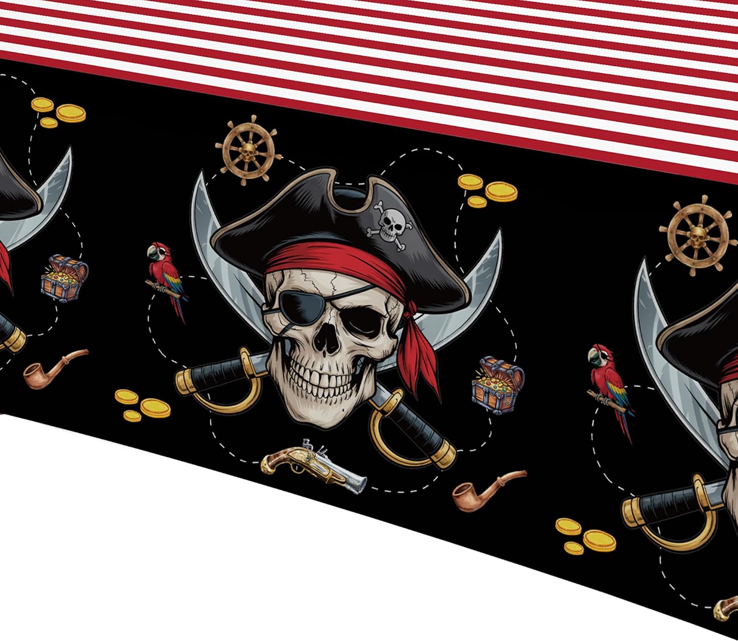Pirate Party Tablecloth Decorations, 3 Pack Disposable Red Striped Black Rectangular Skull Theme Pirate Table Cover for Nautical Adventure Birthday Baby Shower, 55in x 86in