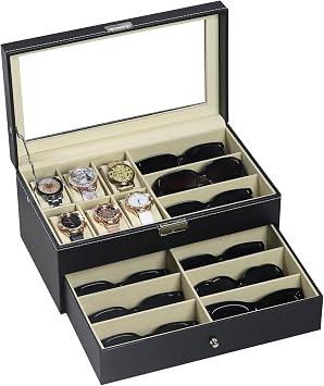 AUTOARK Leather 6 Watch & 9 Eyeglasses Sunglasses Storage Case,Black,AW-048 | Jewelry Case, Sunglass Display Drawer, Lockable, Organizer