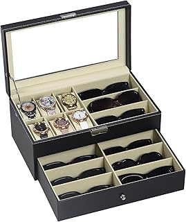 AUTOARK Leather 6 Watch Box Jewelry Case and 9 Piece Eyeglasses Storage ...