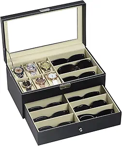 AUTOARK Leather 6 Watch Box Jewelry Case and 9 Piece Eyeglasses Storage and Sunglass Glasses Display Drawer Lockable Case Organizer,Black,AW-048