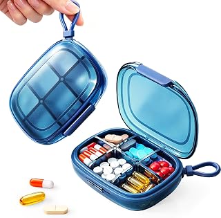 Small Pill Box 6 Compartments Moisture-Proof Portable Pill Case with Handle,Compact Pill Organizer for Purse,Adjustable Travel Medicine Holder for Vitamins,Fish Oils,Supplements (Blue)
