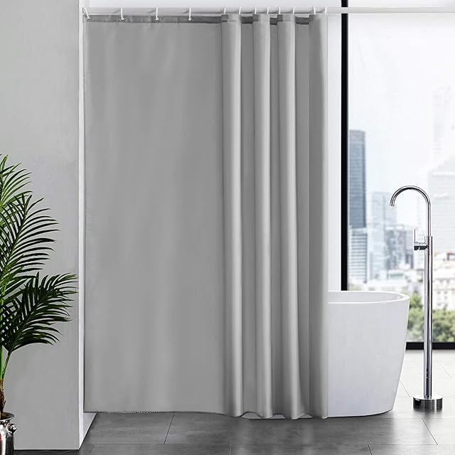 Furlinic Extra Long Shower Curtain with Hooks 100% Polyester Bathroom Shower Curtain Waterproof Grey 180x210cm 72x83 Inch.